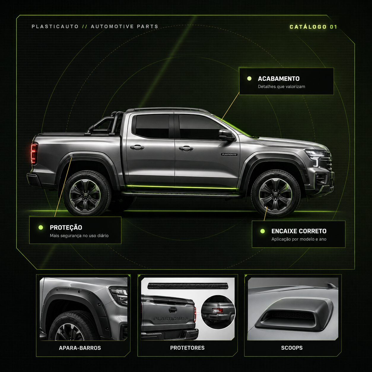 Painel Plasticauto com picape moderna, proteção, acabamento, encaixe correto e linhas de acessórios